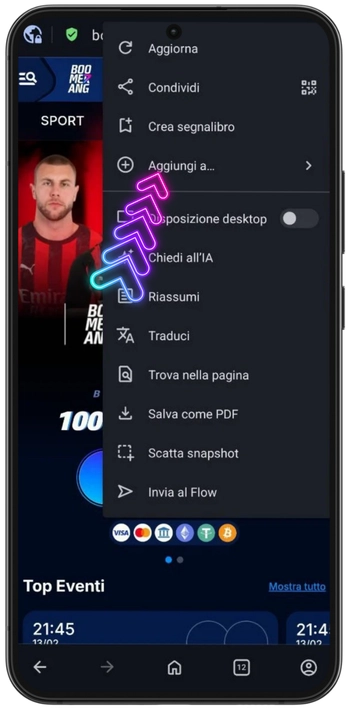 Opzione Aggiungi a nel menu del browser