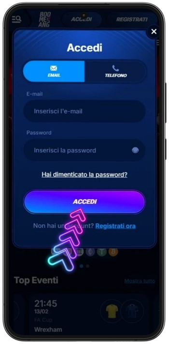 completamento della procedura di login Boomerang