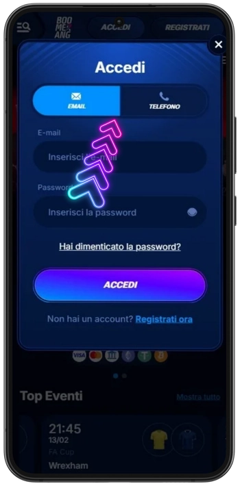 Selezione metodo accedi Boomerang